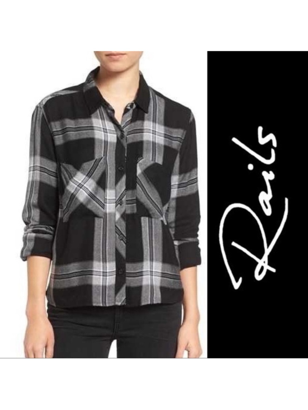 Rails Black & Gray Plaid Button-Down Shirt Size Medium